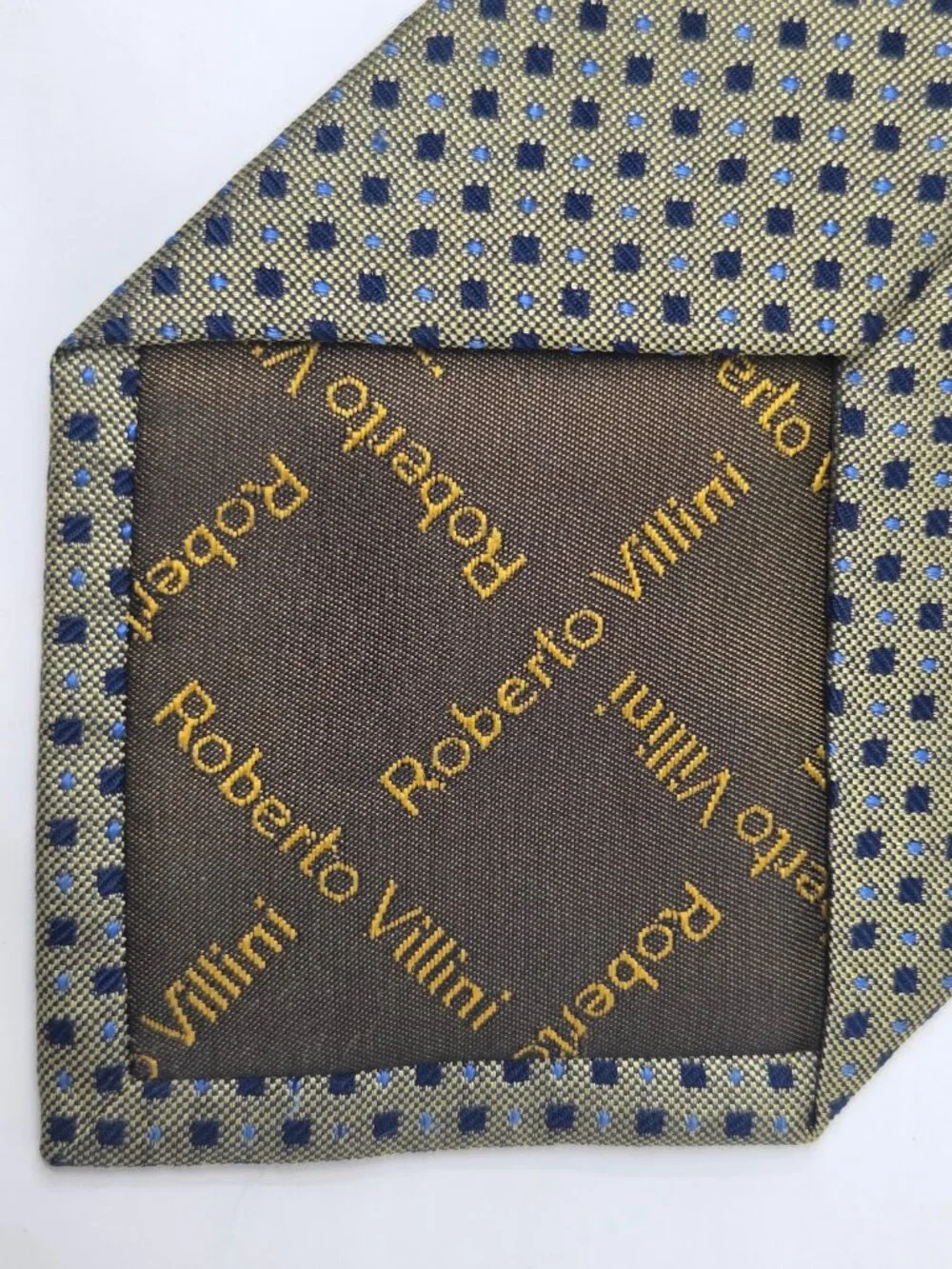 Roberto Villini Collezione Mens All Silk Tie 60 Inch Olive Navy Dot Pattern